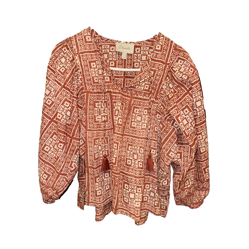 Cleobella women Sz Medium Tassel Tie Justine Blouse Cream Brown geometric print